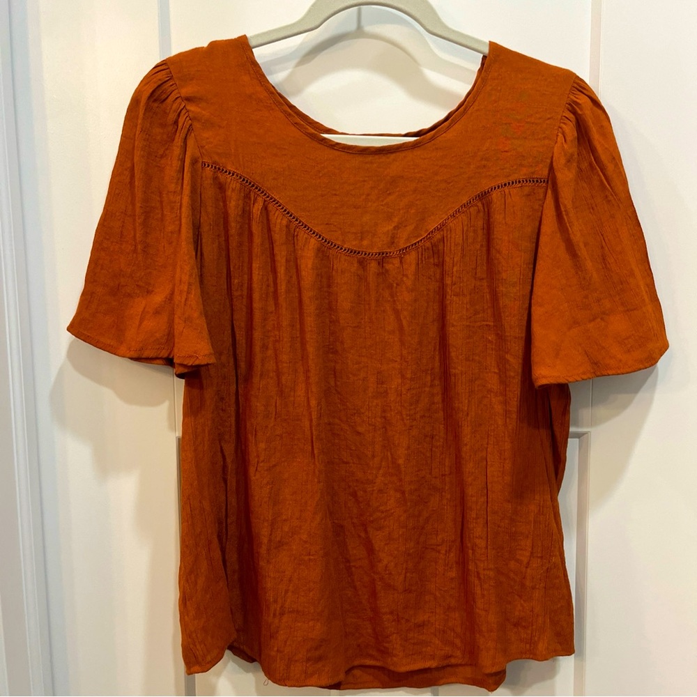 Nanette Lepore Top Womens Size Medium Rust Orange Pleated‎ Short Sleeve Blouse